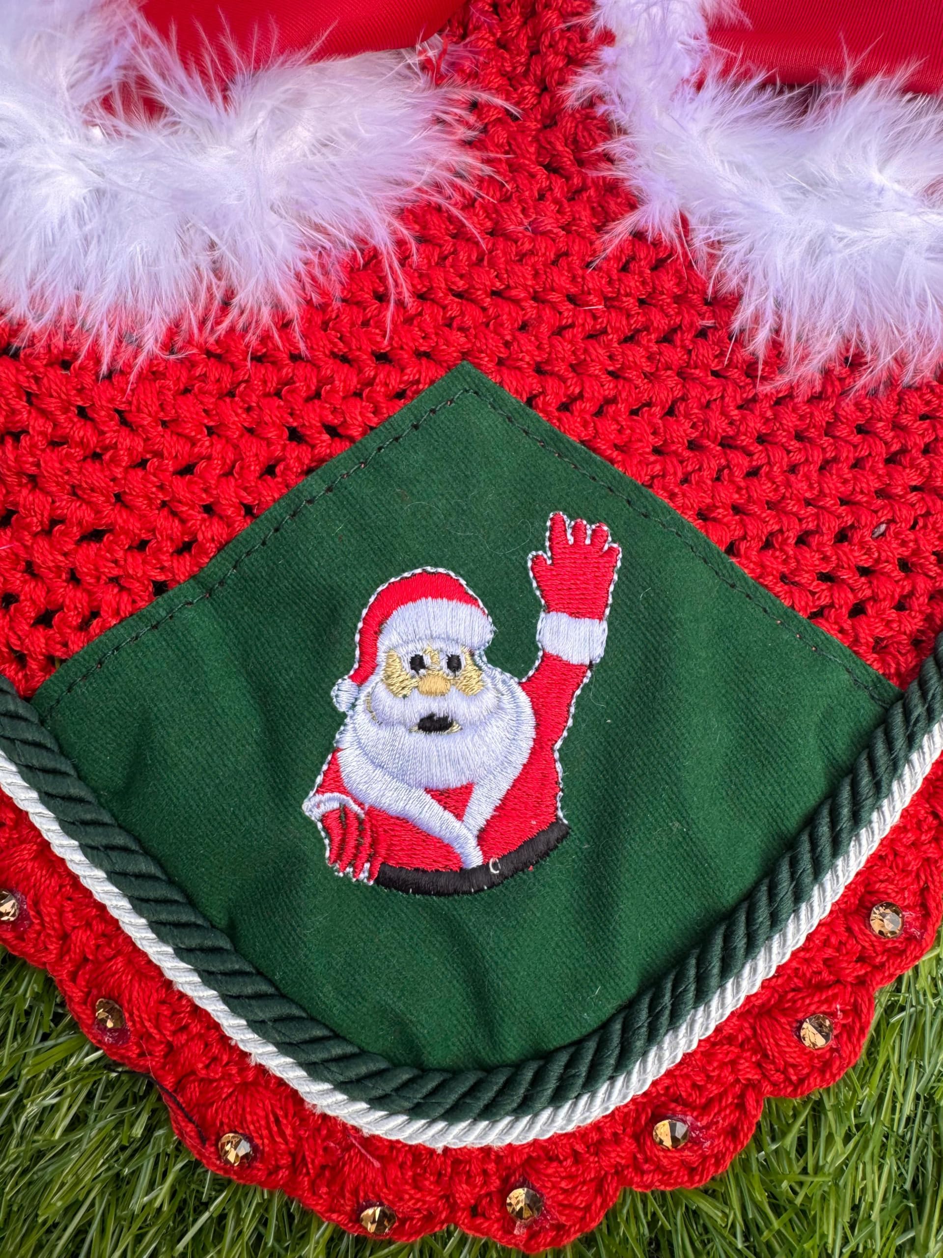 Generic Santa ear bonnet print design on cob horse highlighting bright holiday style.