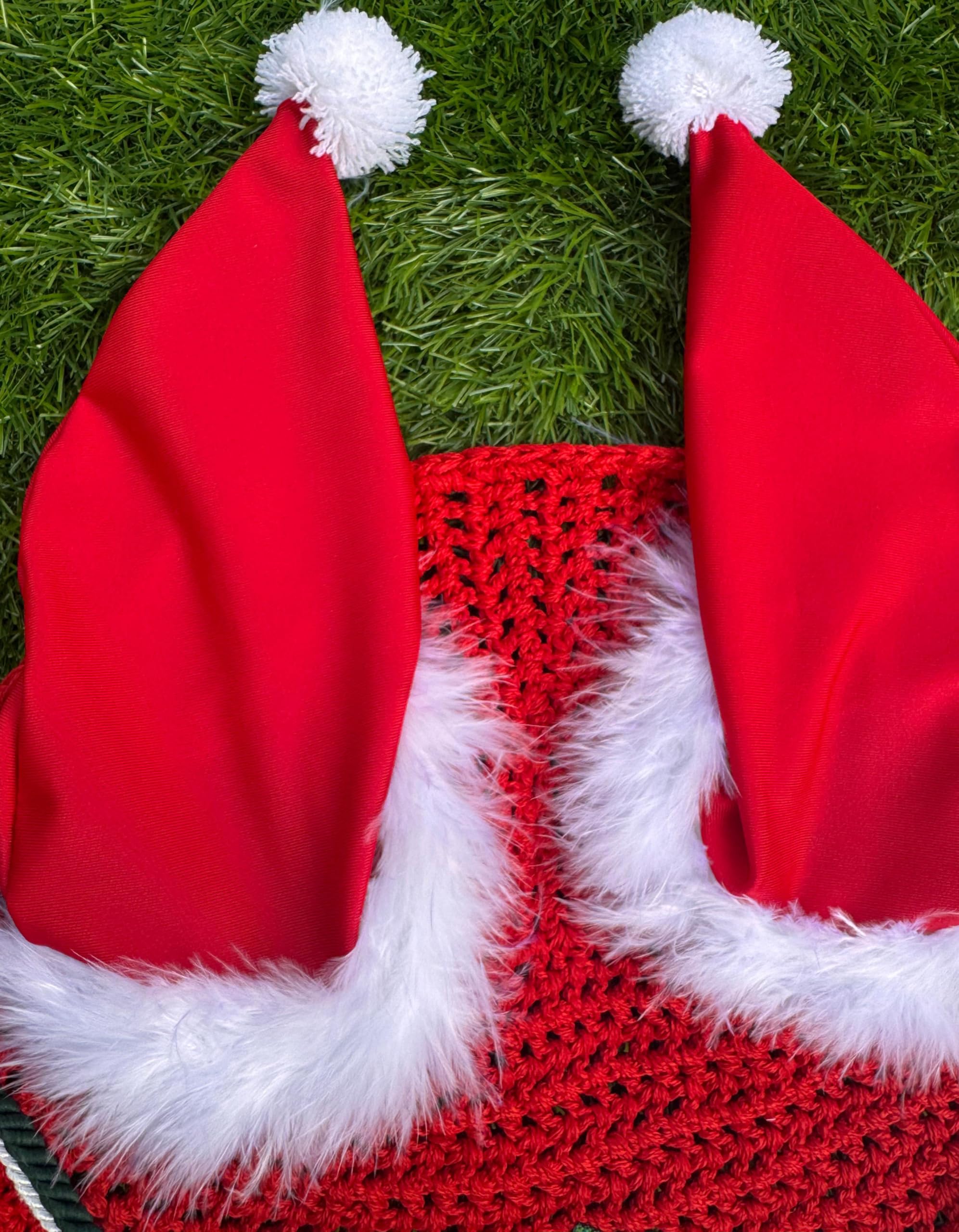 Generic Santa ear bonnet size options on horse demonstrate secure fit.