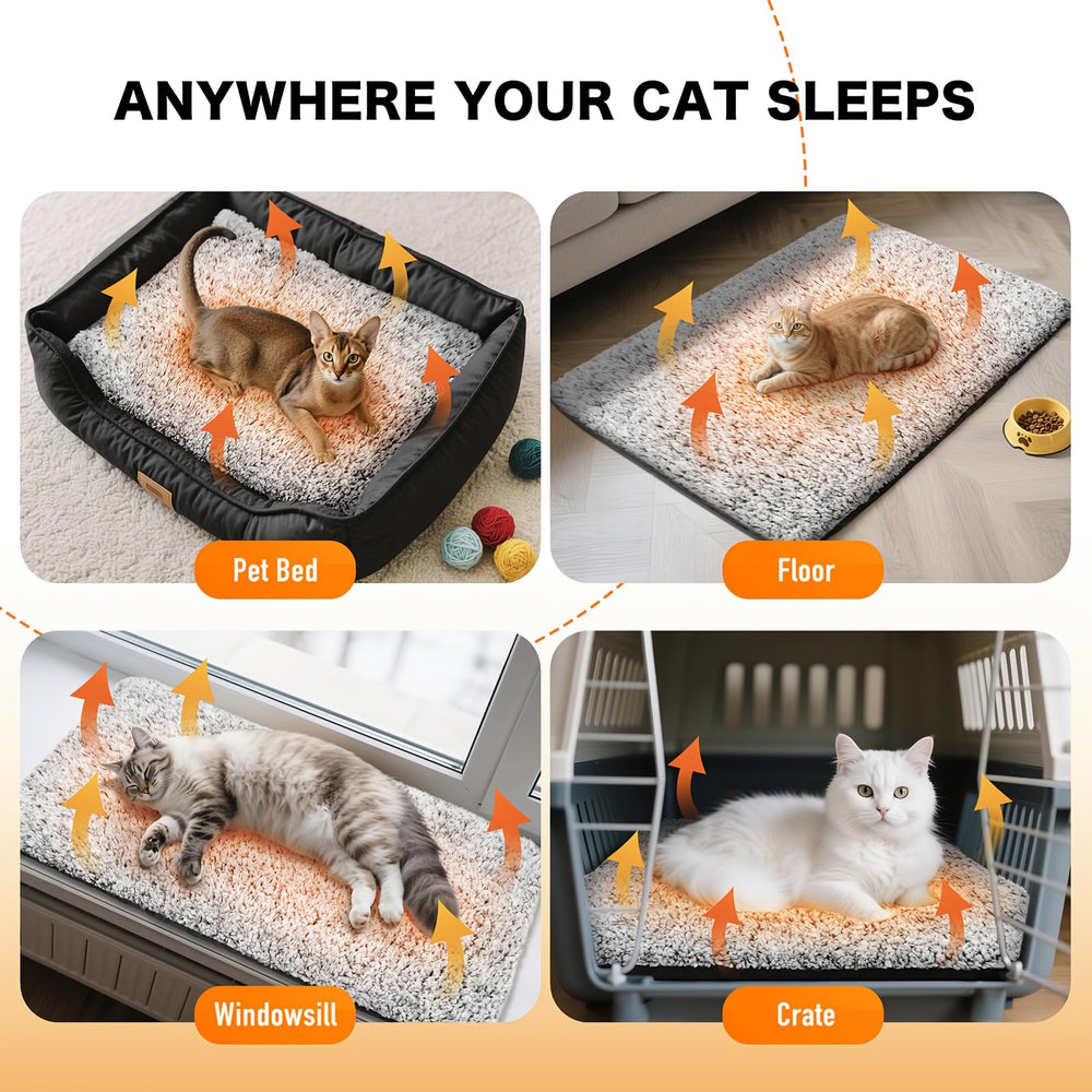 Generic self-heating pet mat in crate adds warm rest.