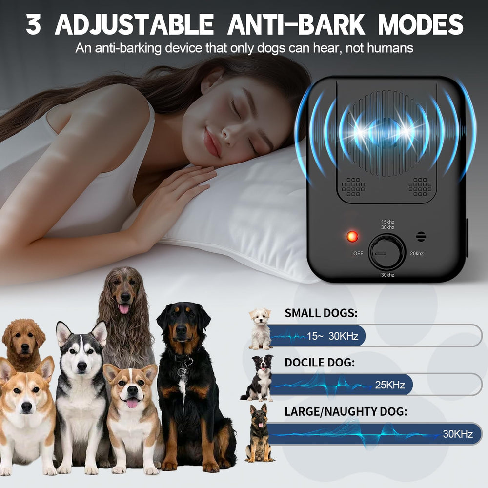 Generic ultrasonic-dog-bark-deterrent side-angle highlights three-frequency operation.