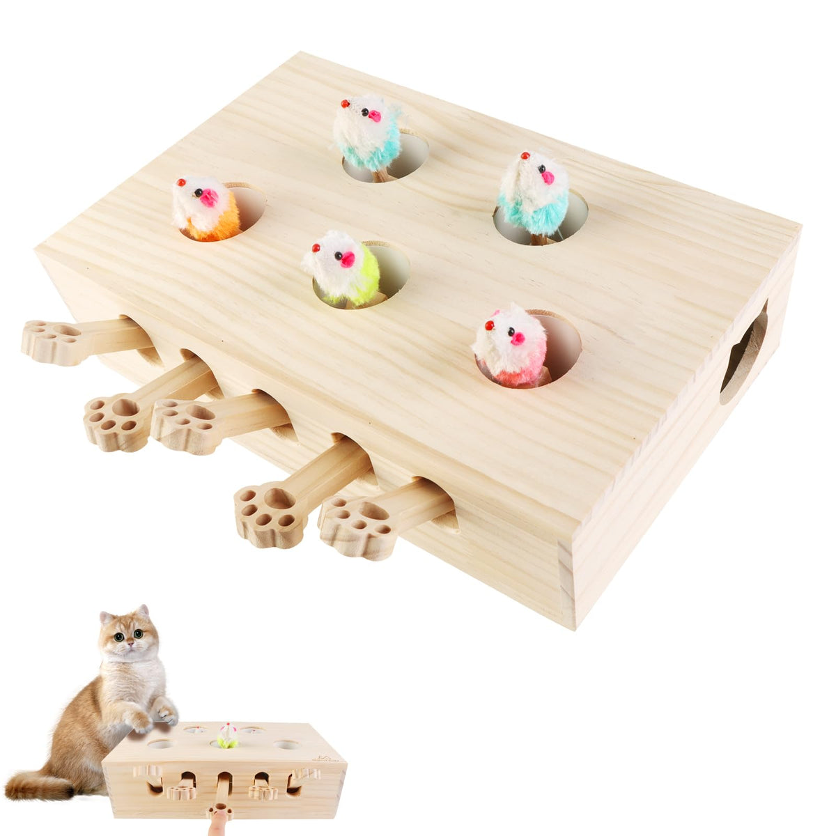 Generic wooden interactive cat toy pop-up setup engages curious cats for indoor play