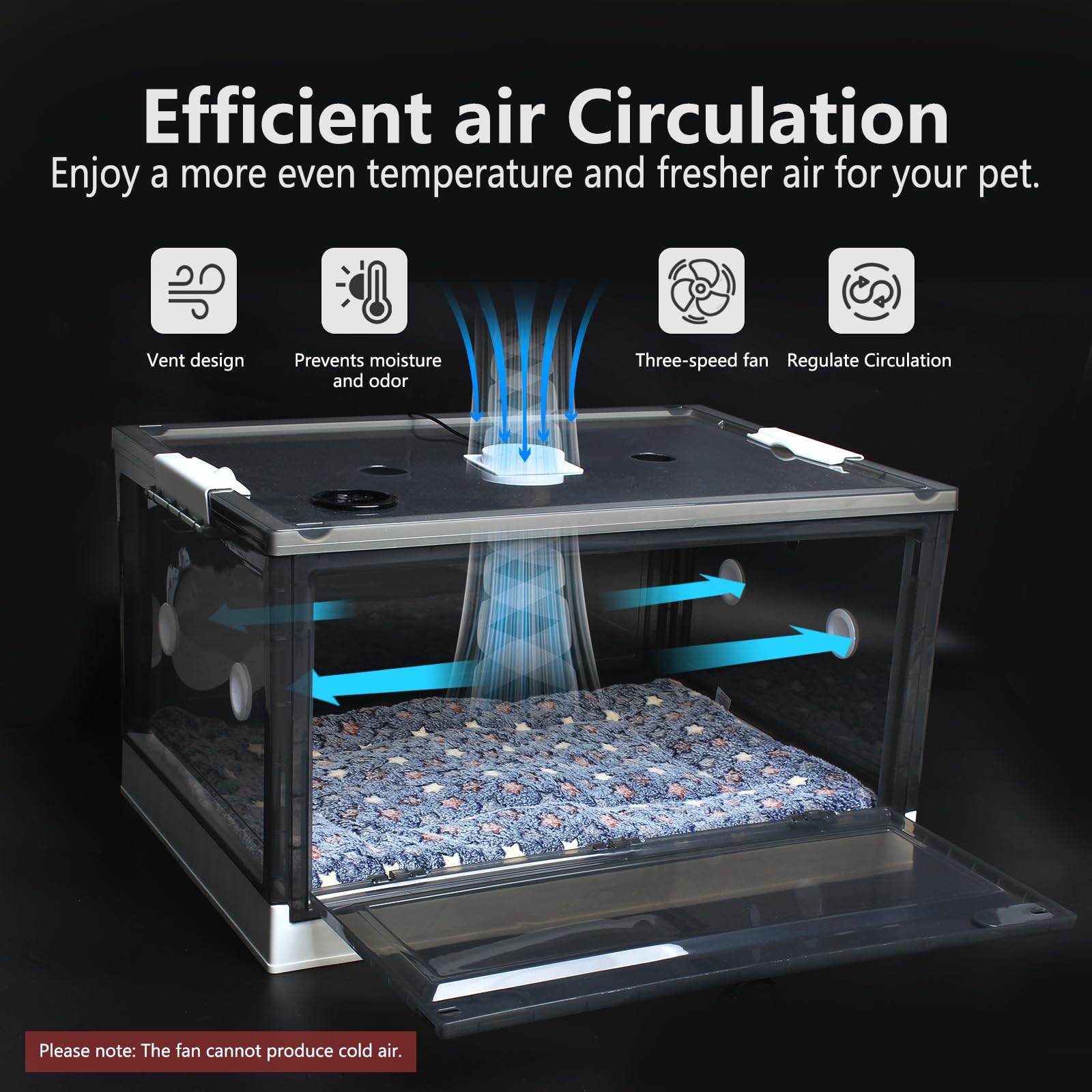 Geniprem Puppy Incubator 3-speed fan vents keep air fresh and comfortable.