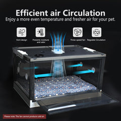 Geniprem Puppy Incubator 3-speed fan vents keep air fresh and comfortable.