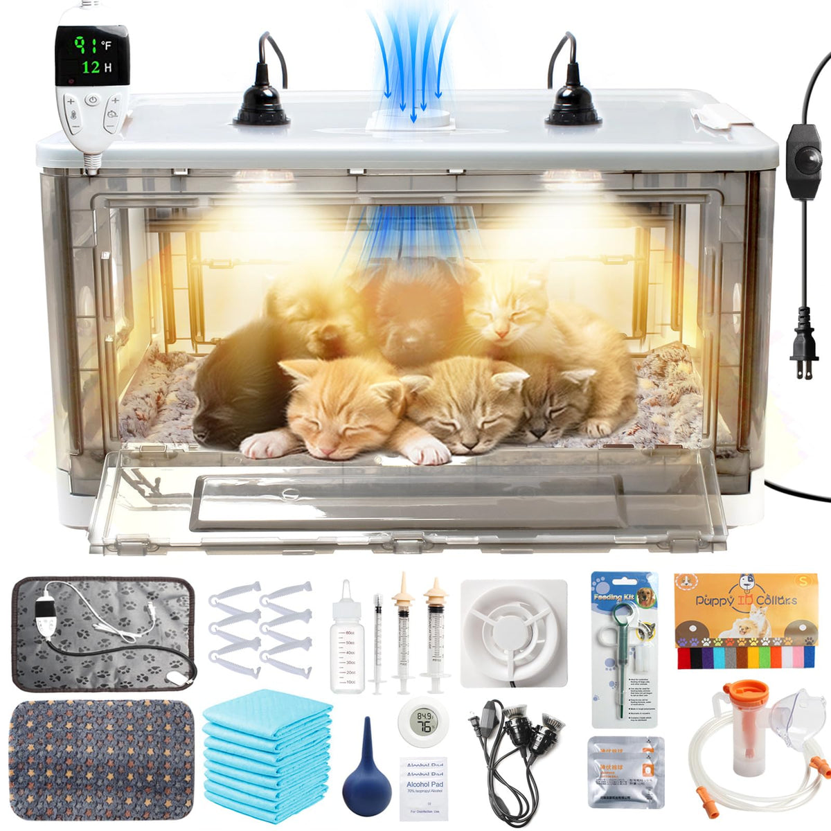 Geniprem Puppy Incubator heating lamp delivers steady warmth for newborns