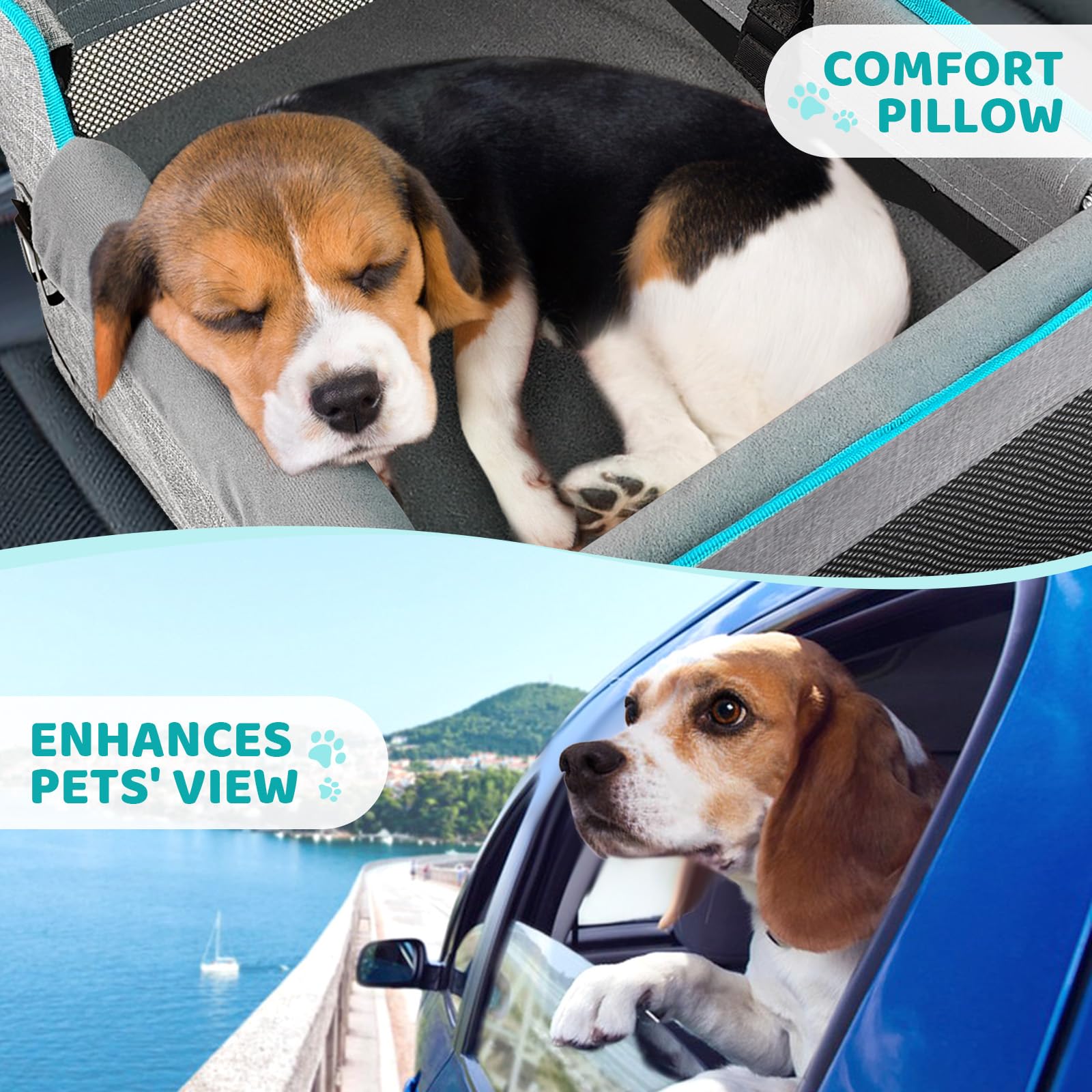 GENORTH dog seat safety buckles showcase secure attachment to harness during driving.