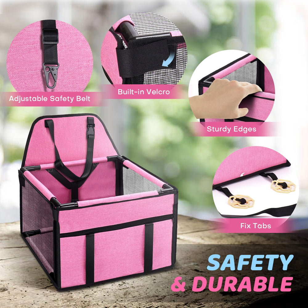 GENORTH small dog car seat clip-on leash illustrates secure harness attachment.