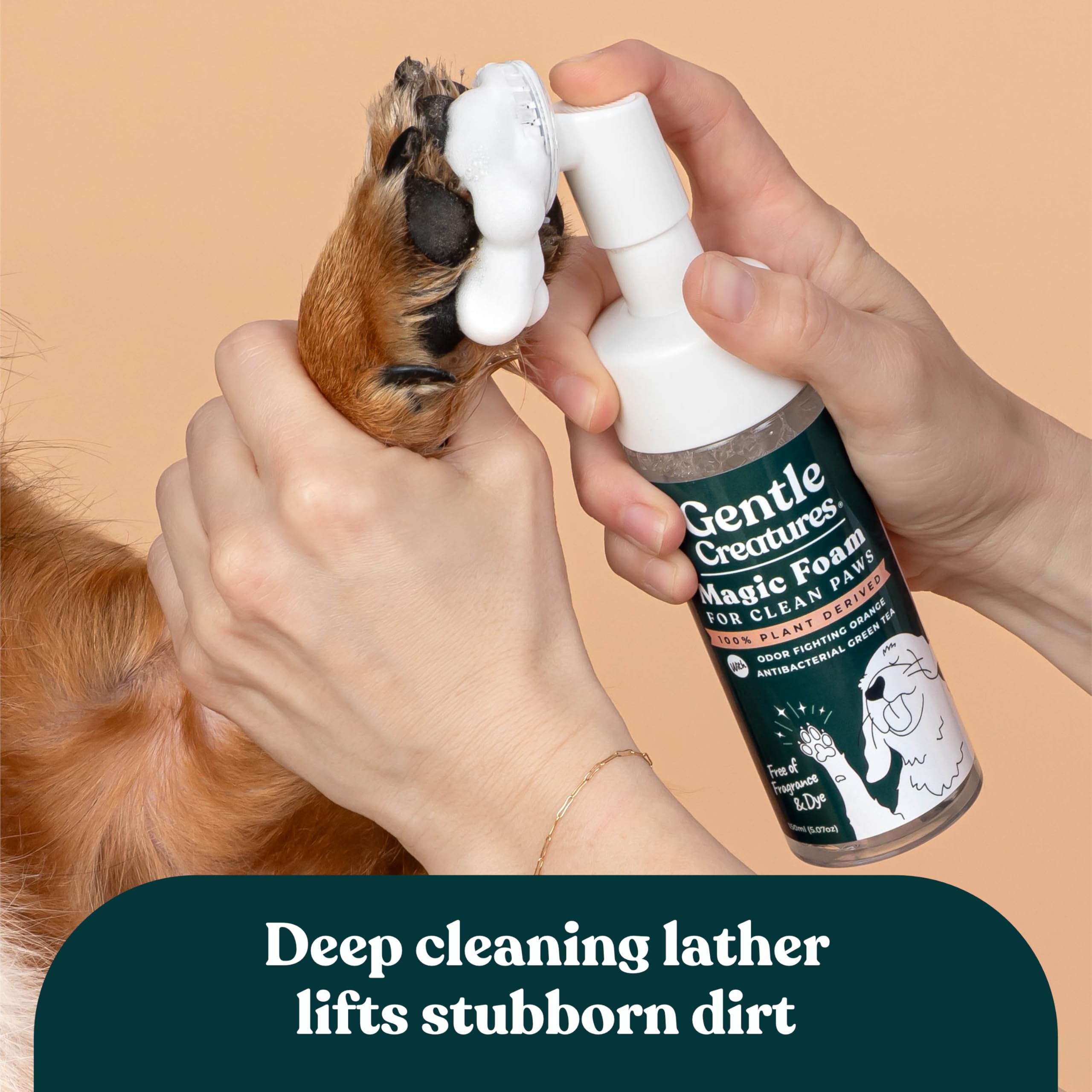 Gentle Creatures Magic Foam after a walk provides quick dirt removal on paws.