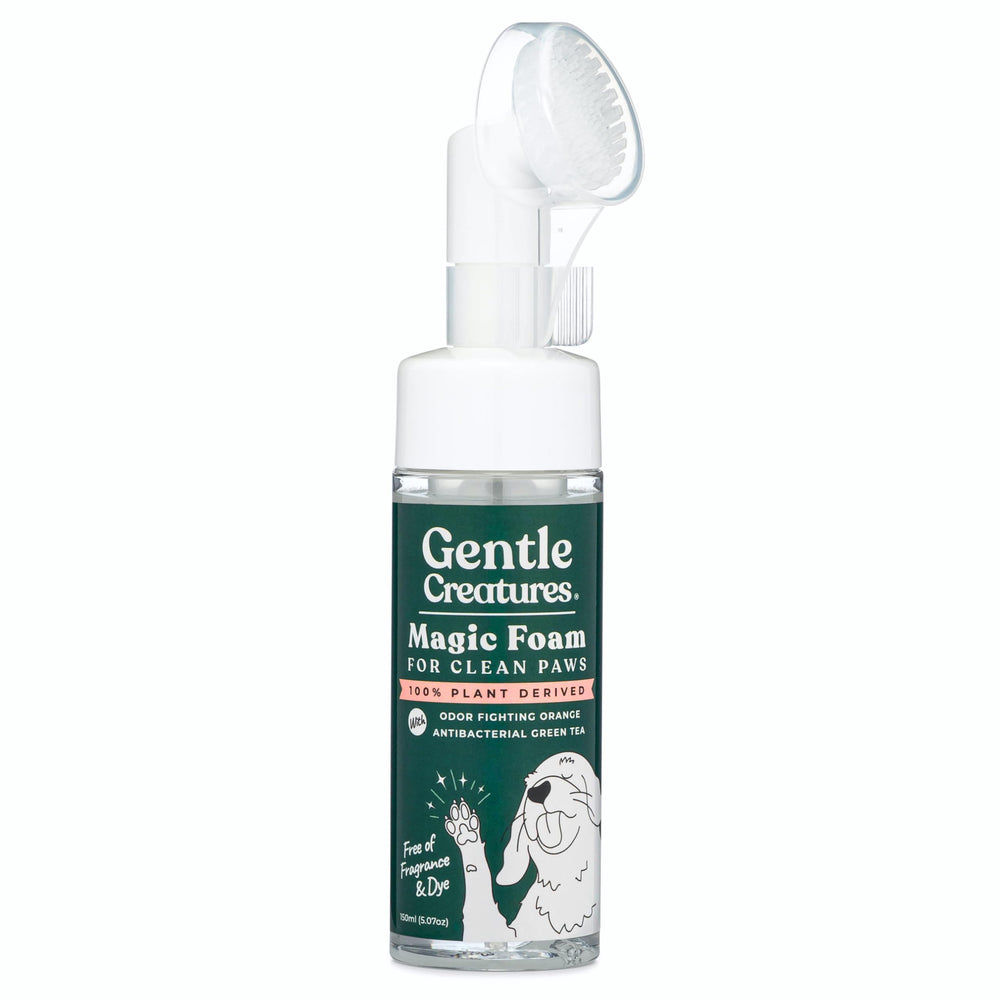 Gentle Creatures Magic Foam Paw Cleaner bottle shows foamy, no-rinse cleaning after muddy walks.