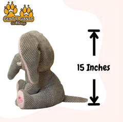 Gentle Giants Plush Elephant Dog Toy measures 15 inches tall for large dogs.