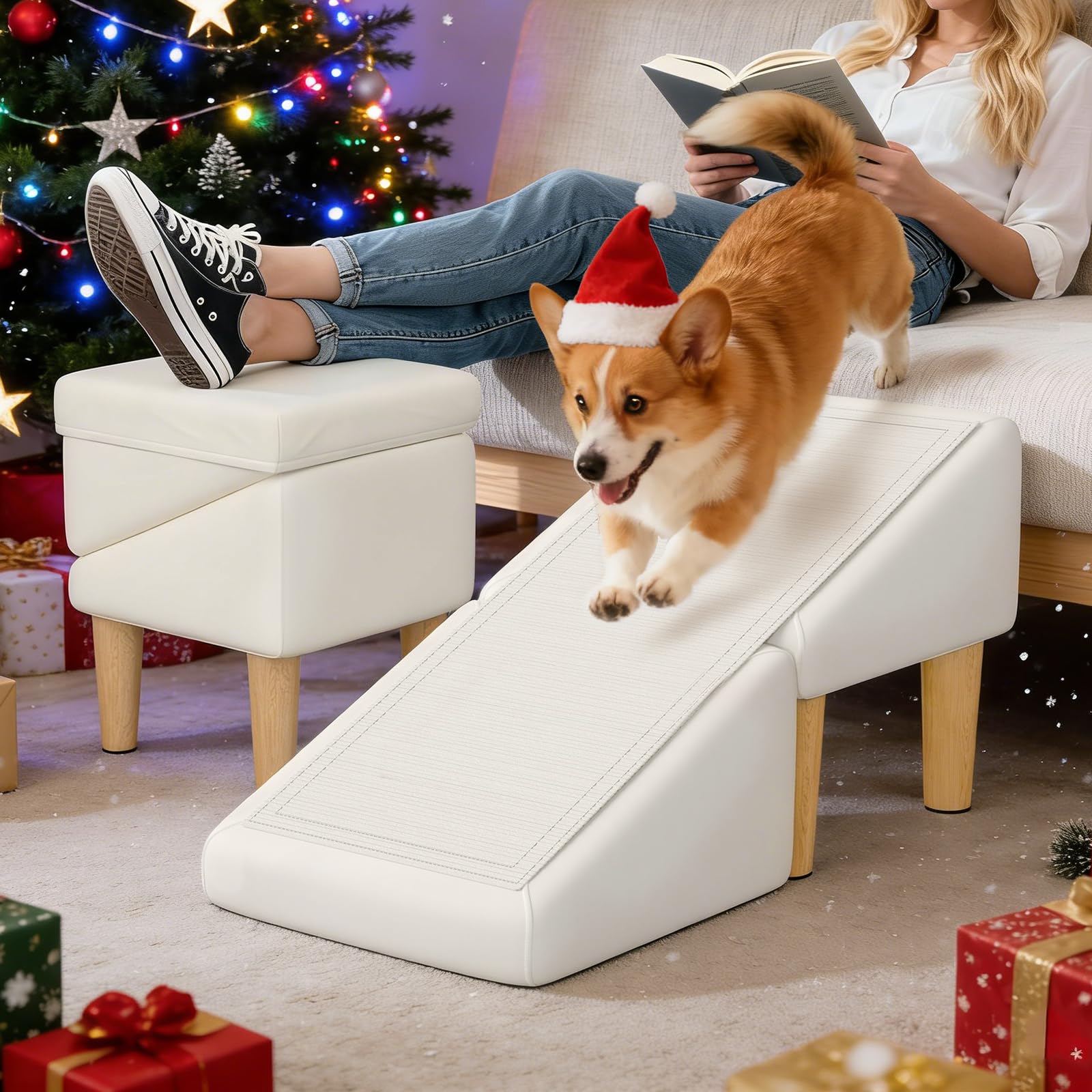 GenxQian dog ramp folded ottoman shows compact storage and easy setup.