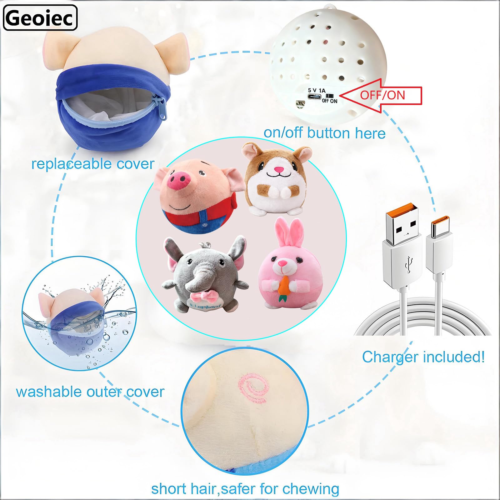 Geojec dog toy recharge port emphasizes cordless play with rechargeable energy