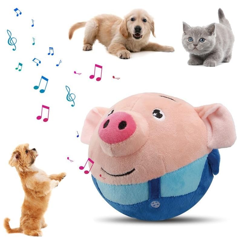 Geojec Interactive Dog Ball blue pig cover provides plush, engaging play for indoor bonding.