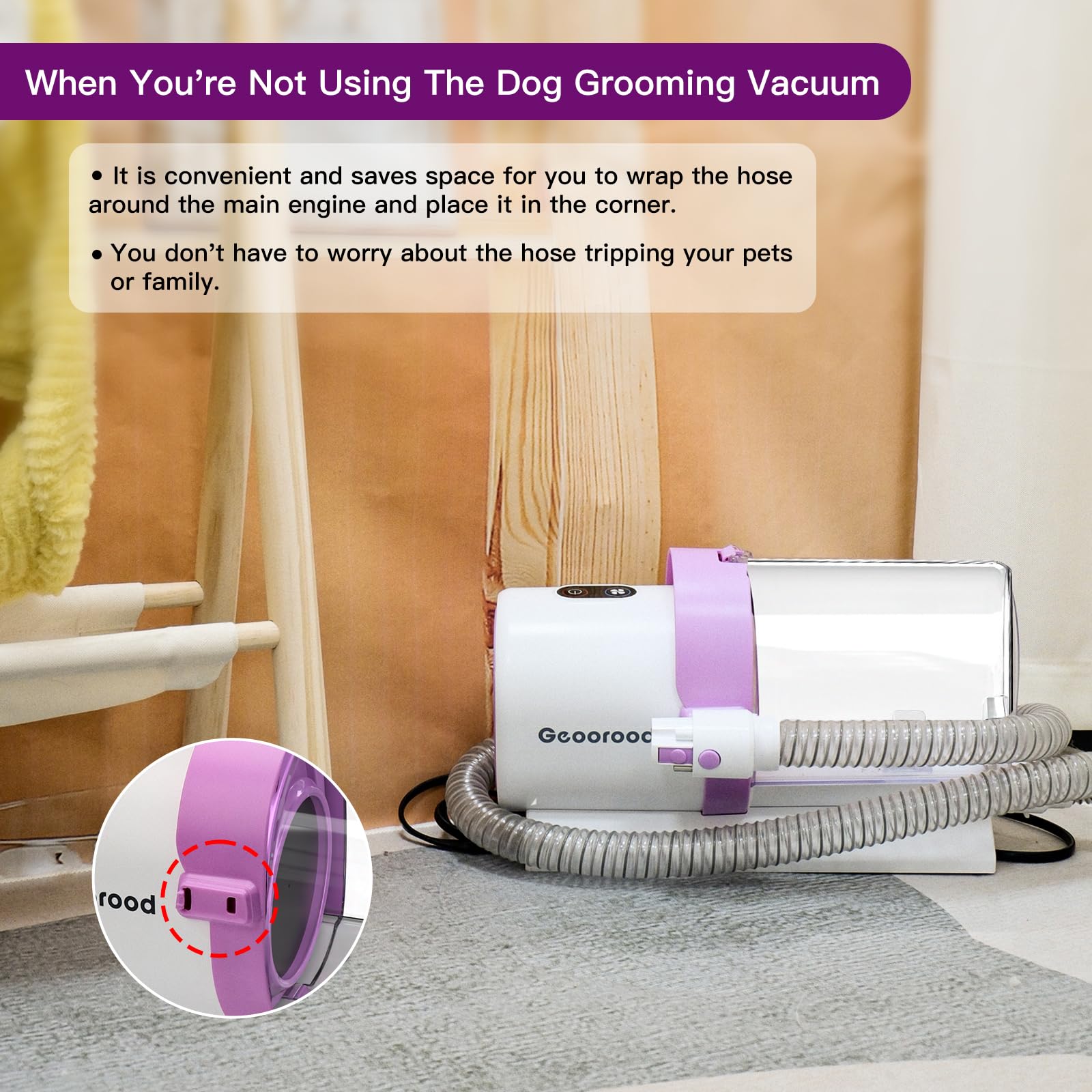 Geoorood cleaning brush included to clear tools after grooming.