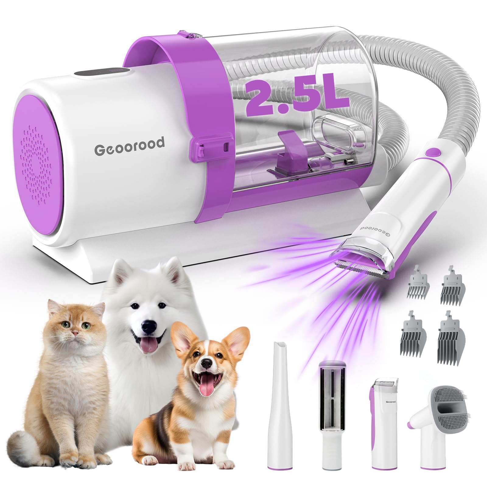 Geoorood dog grooming kit front view shows compact home-use setup.