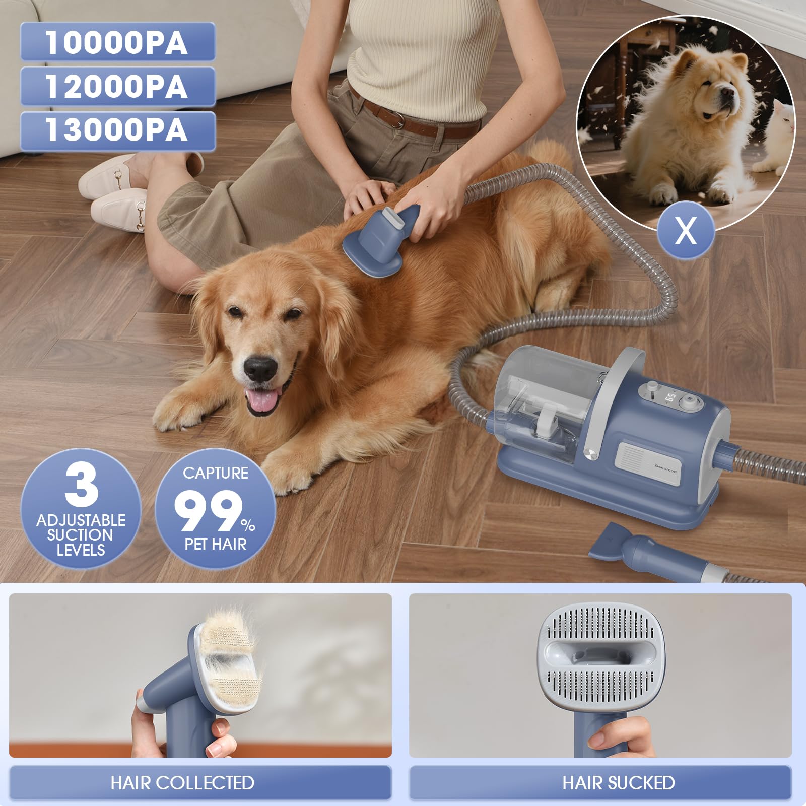 Geoorood undercoat brush helps reduce shedding with gentle grooming.