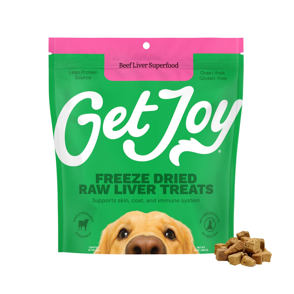 Get Joy freeze-dried beef liver treats in a resealable 16oz bag for convenient snacking.