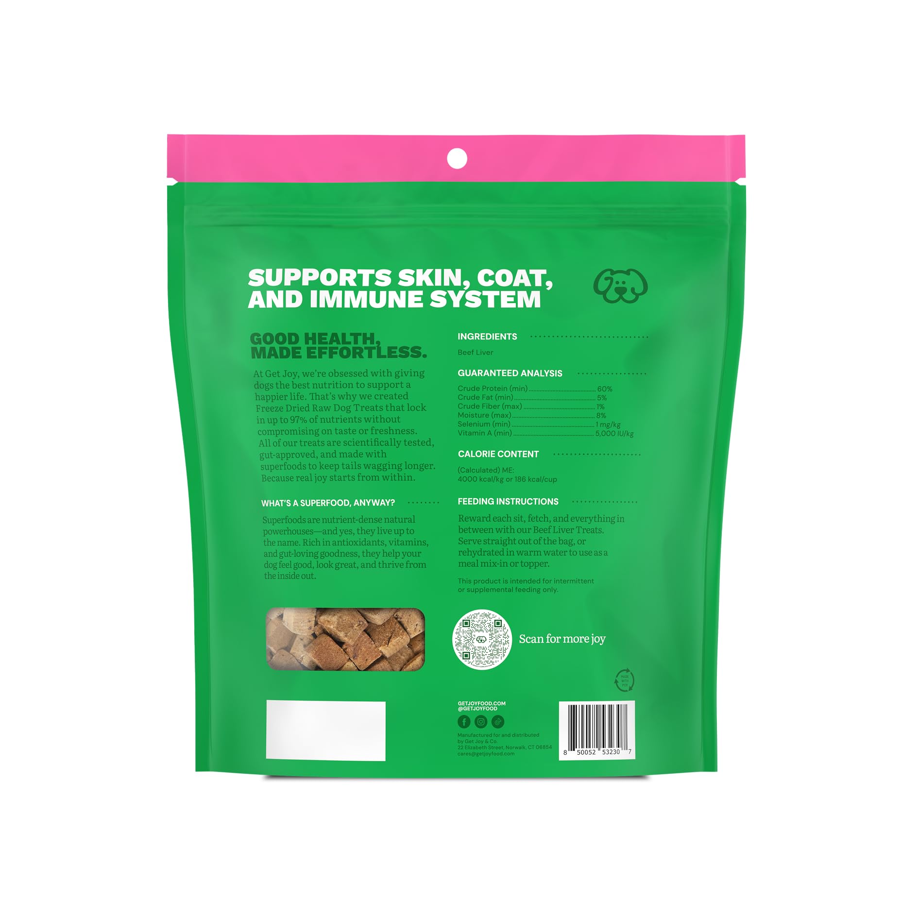 Get Joy label shows 100% beef liver with no fillers or additives.