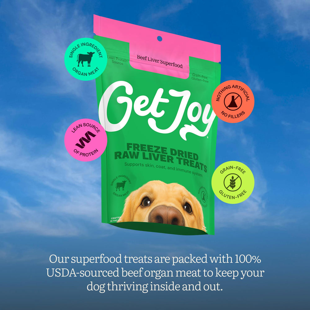 USA-made Get Joy freeze-dried beef liver treats for quality nutrition.