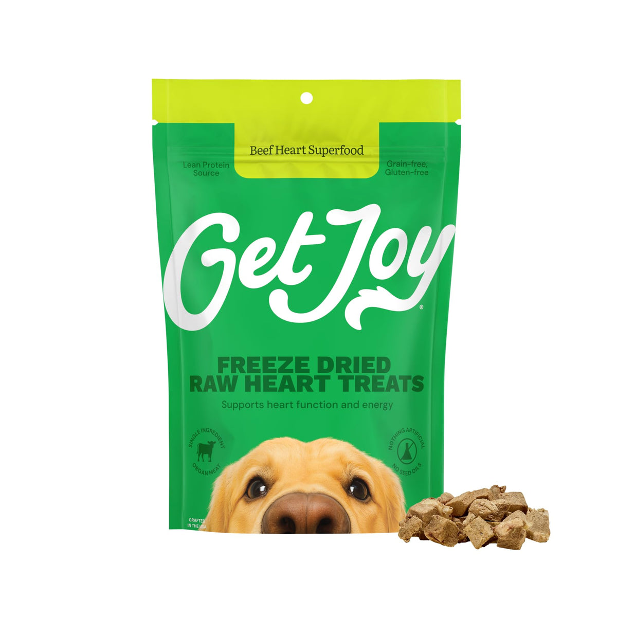 Get Joy freeze-dried beef heart treats bag-front for grain-free rewards