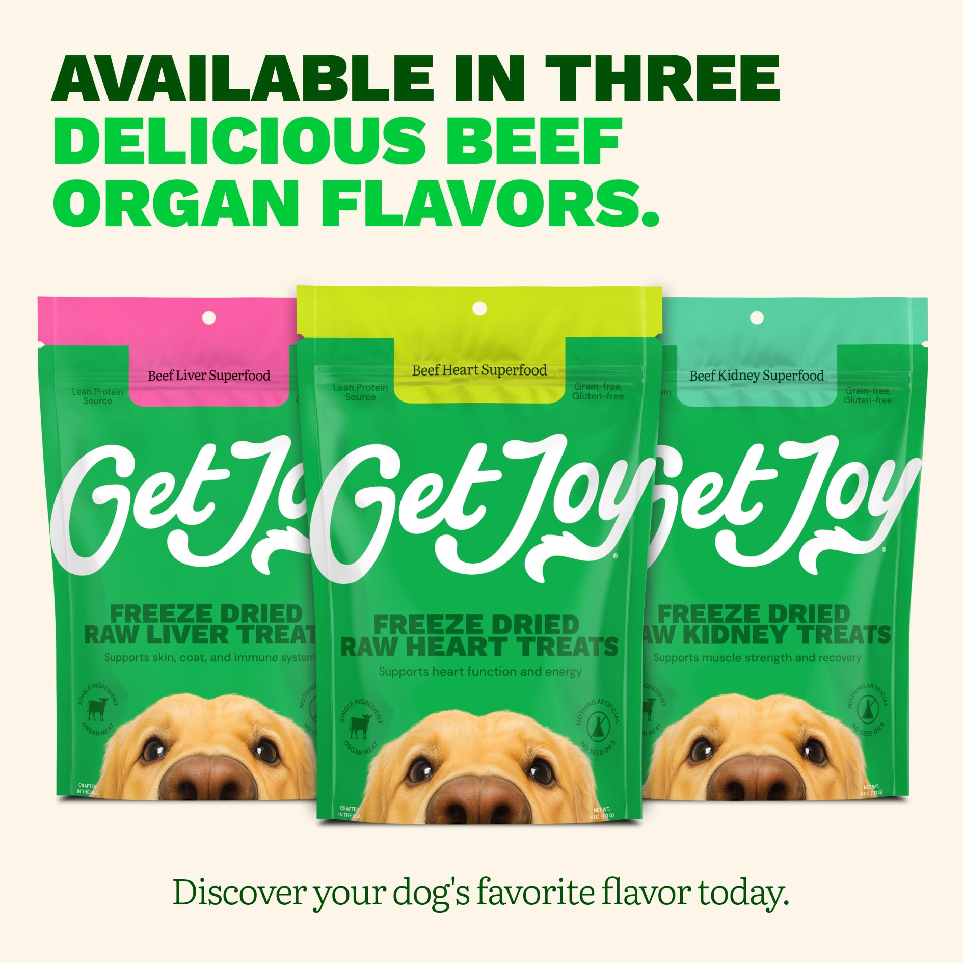 Packaging shot emphasizing grain-free, filler-free formula from Get Joy