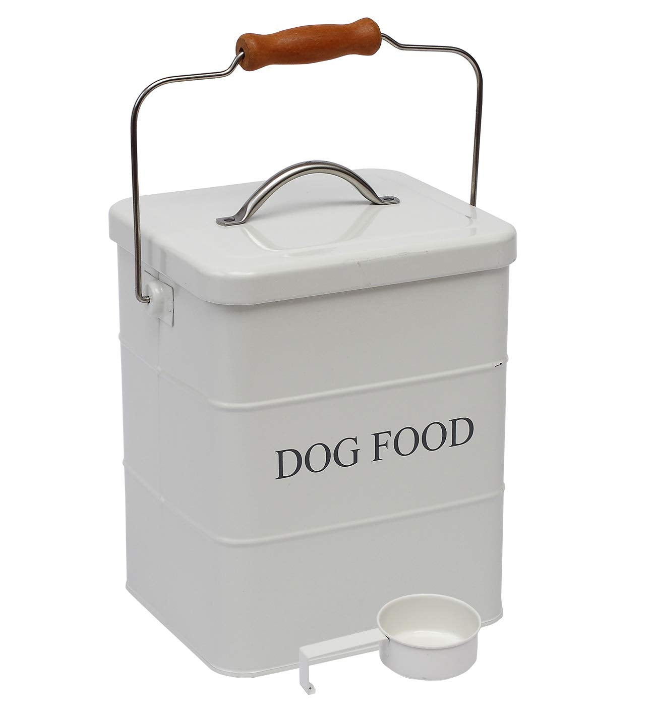 Geyecete dog food storage tin with lid and spoon for easy serving.