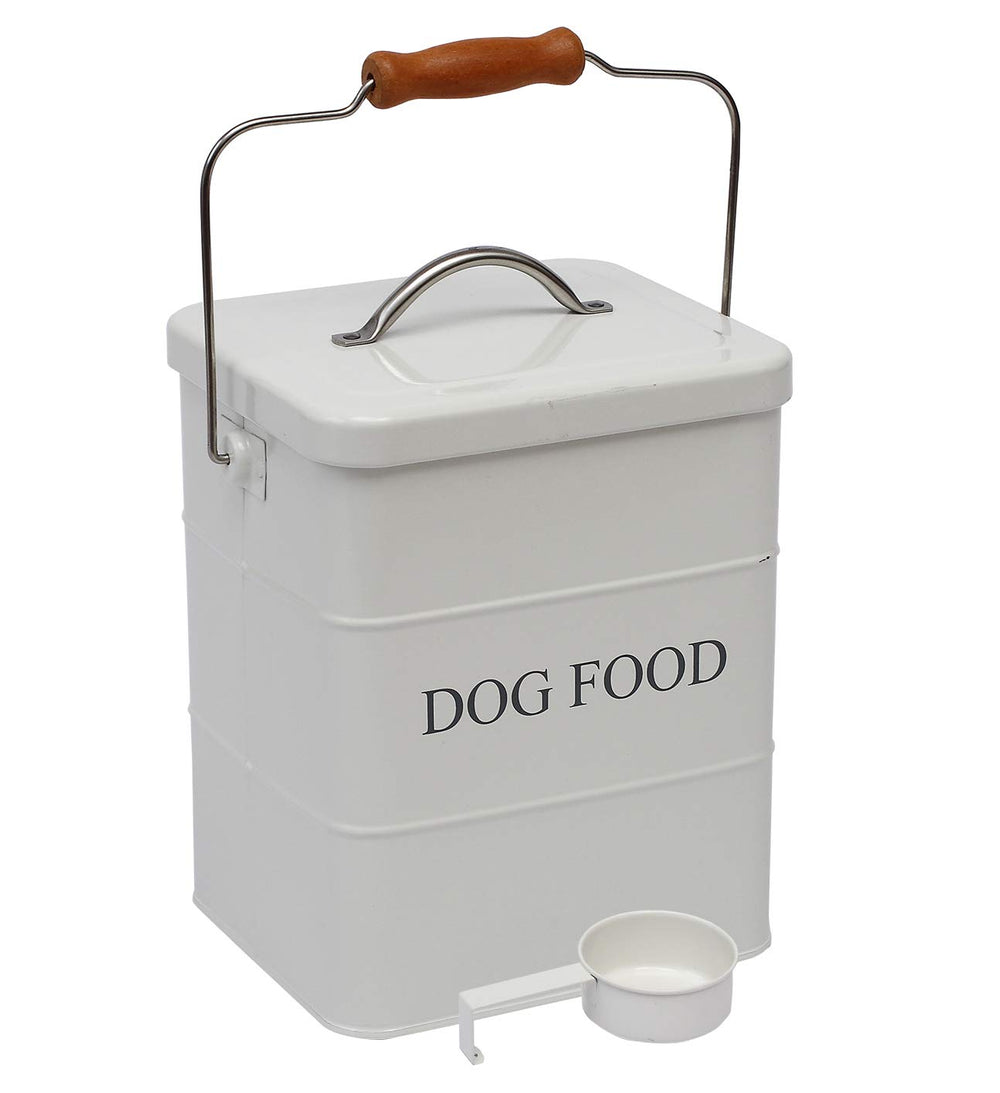 Geyecete dog food storage tin with lid and spoon for easy serving.