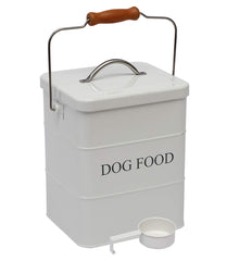 Geyecete dog food storage tin with lid and spoon for easy serving.