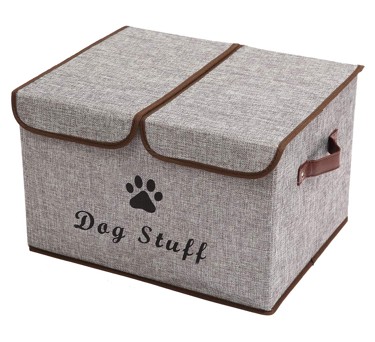Geyecete large storage box with lid and handles keeps dog outfits neatly organized on shelves.