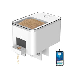 GEZIEKID Bluetooth fish feeder mounted on aquarium for hands-free feeding convenience.