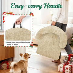 GGIB calming dog bed beige plush fabric close-up emphasizes warmth.