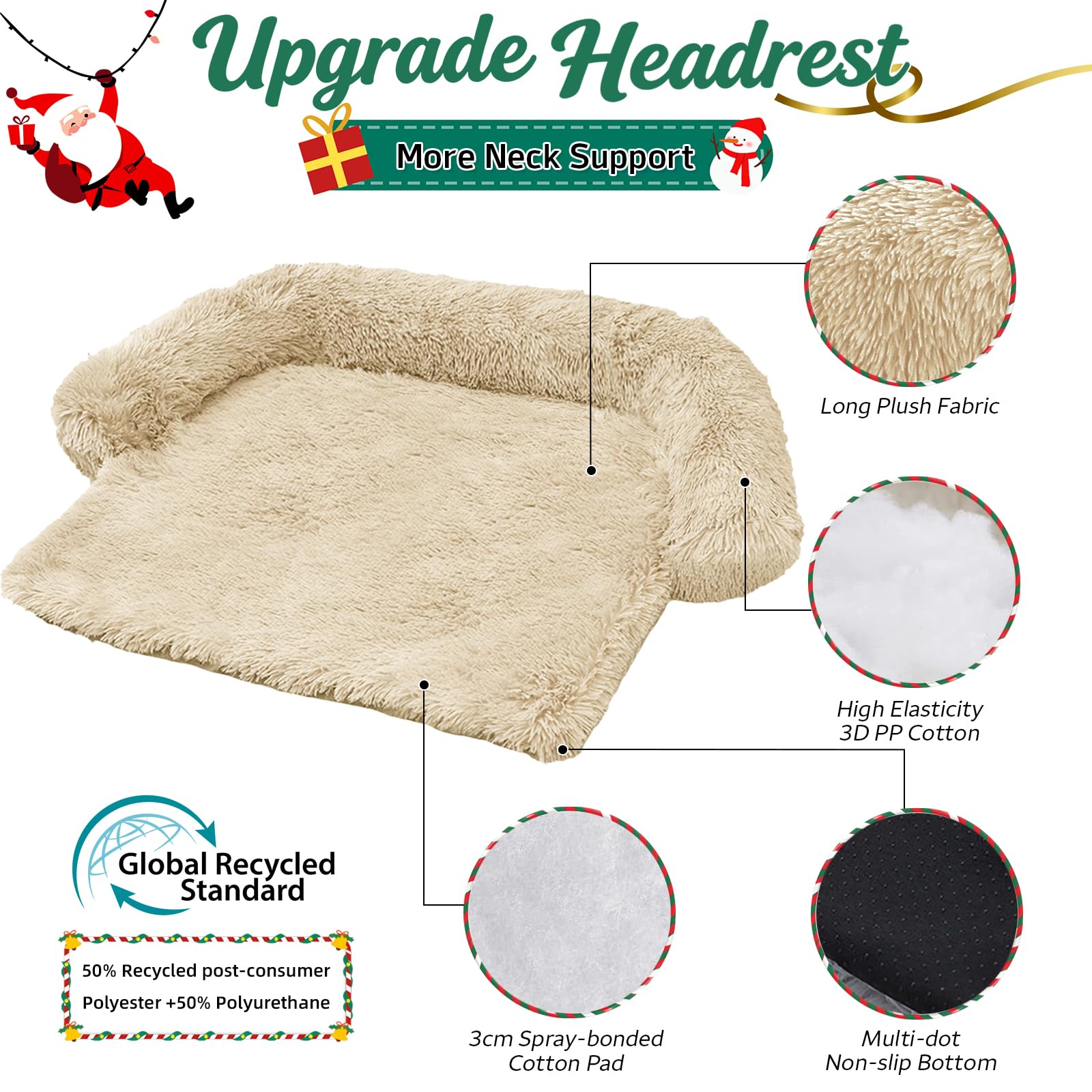 GGIB calming dog bed beige side-edges showing raised neck support.
