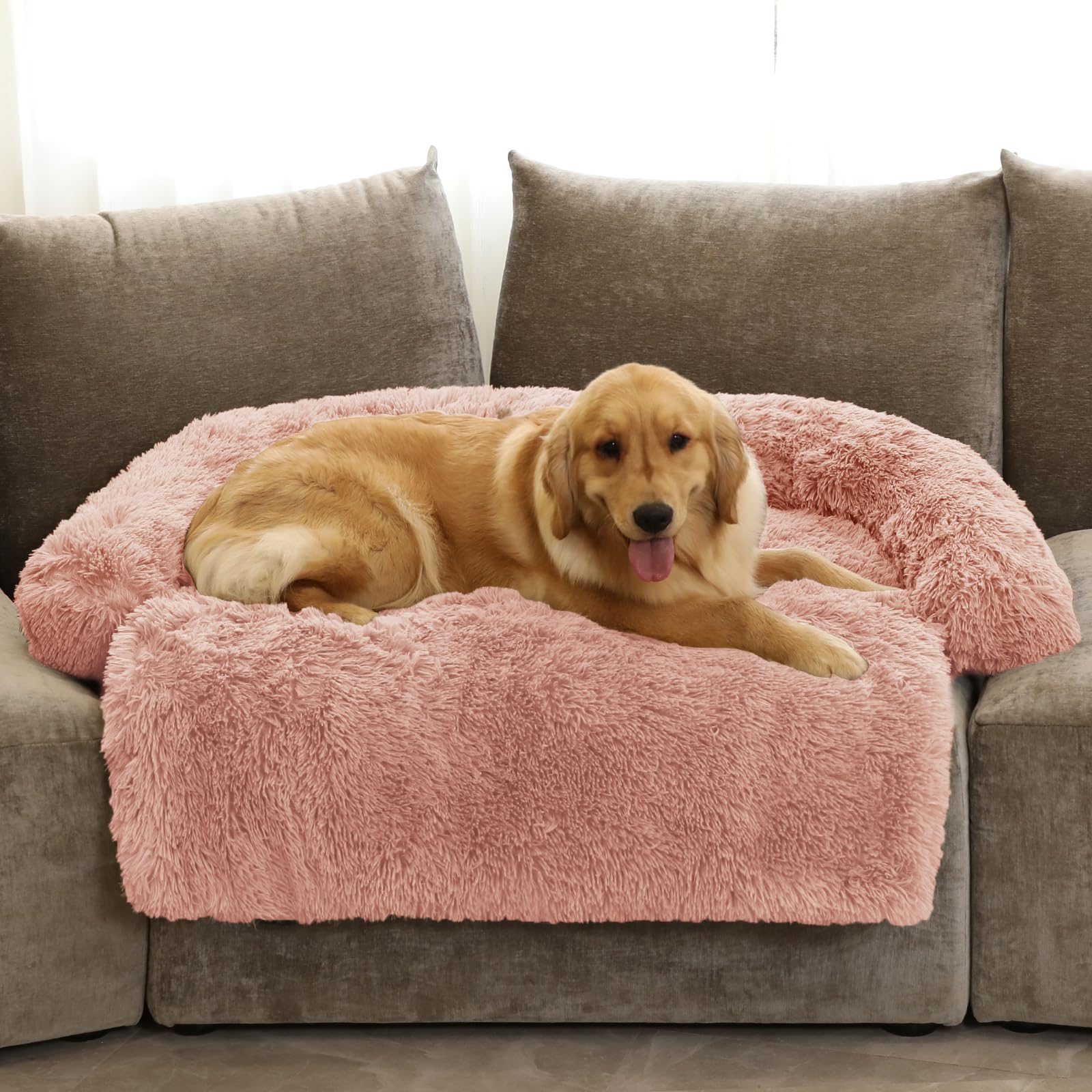 GGIB Calming Dog Bed curved design pink for restful sleep.