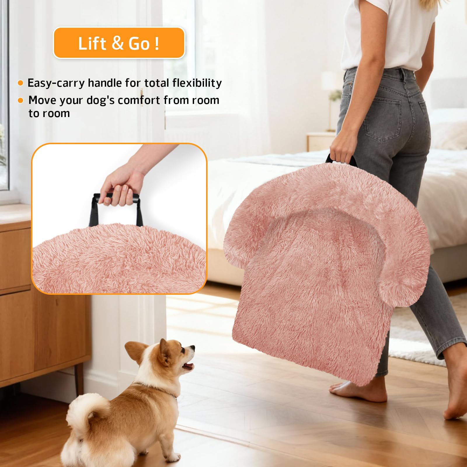 GGIB calming dog bed medium pink non-slip bottom in use