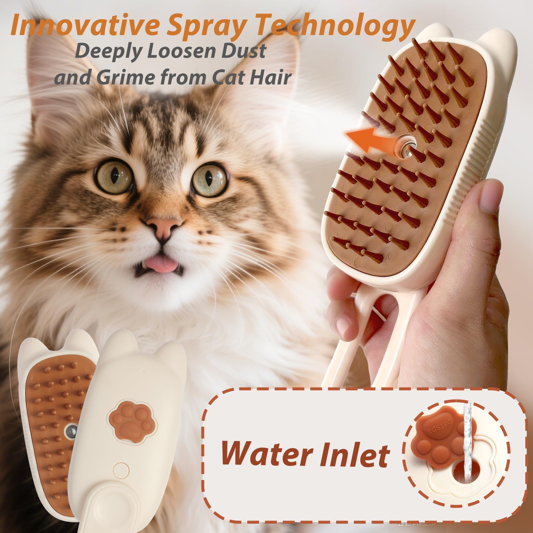 Ghyut cat steam brush massaging action for a comfortable grooming session.
