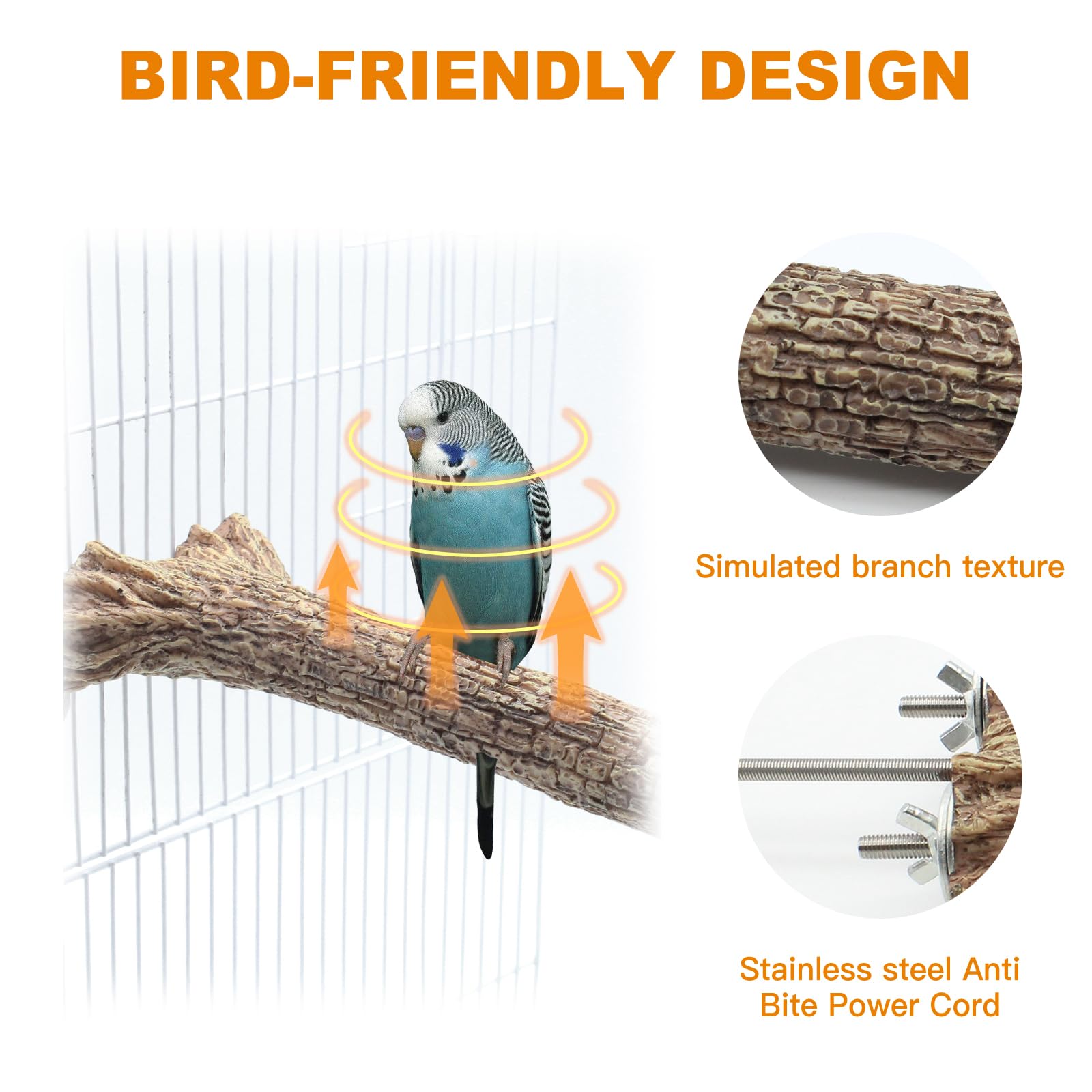 GIFANK heated bird perch side view demonstrates compact cage integration.
