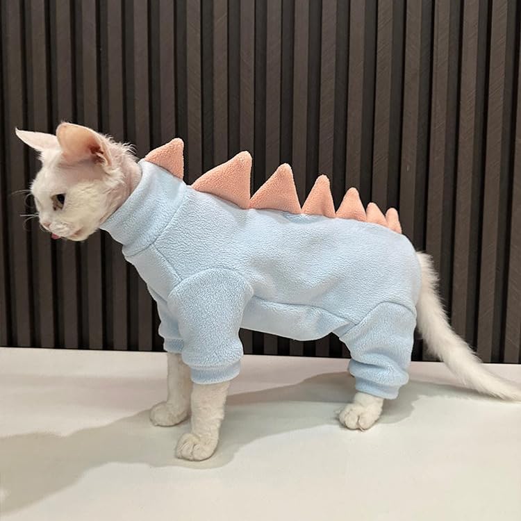 GigglyHouse Sphynx dinosaur costume blue, tail view, playful style for Rex breeds
