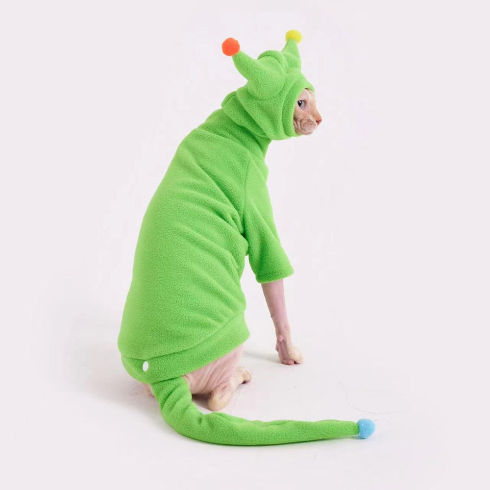 GigglyHouse Sphynx jumpsuit green hat and tail view highlights playful dress-up moments.