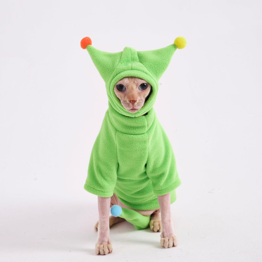GigglyHouse Sphynx jumpsuit green size XS demonstrates snug fit for tiny hairless cats.