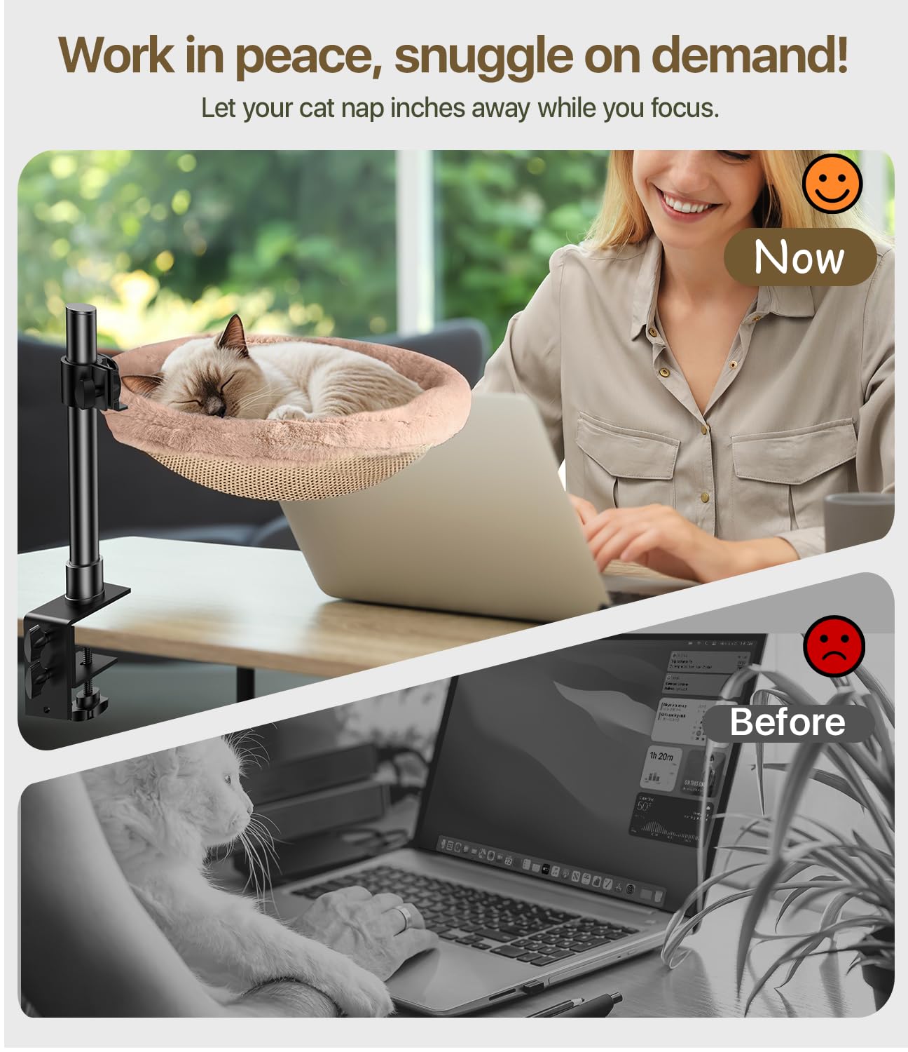 Giisorde Cat Desk Bed in use—safe up to 60 lb cats on a tidy desk