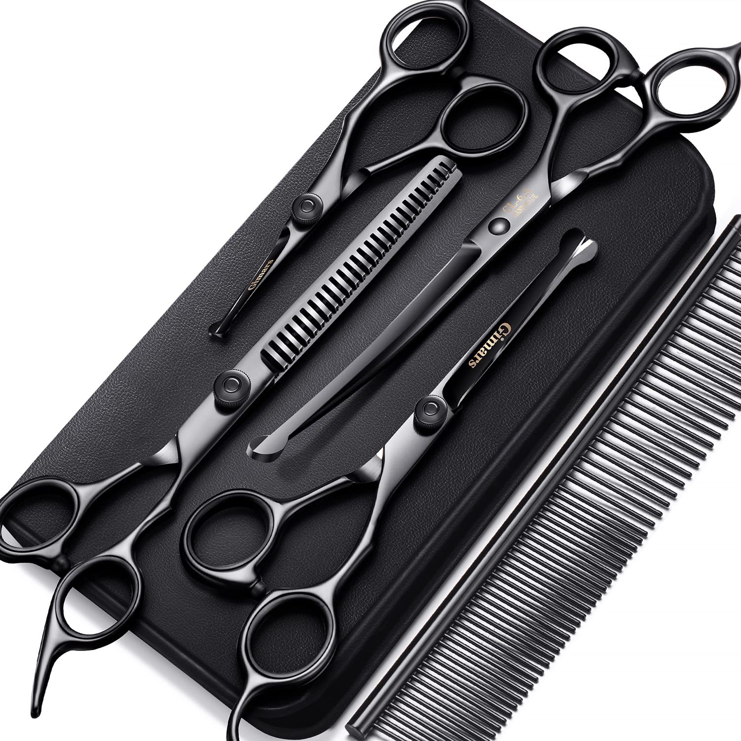 Gimars 7inch professional grooming scissors blade closeup for precise pet trimming.
