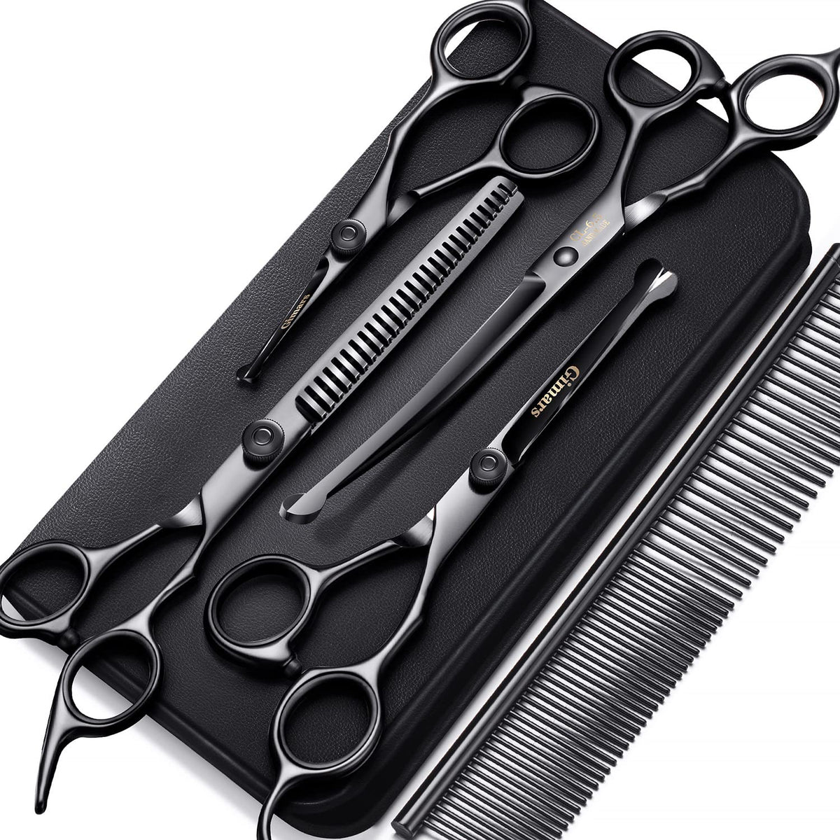 Gimars 7inch professional grooming scissors blade closeup for precise pet trimming.