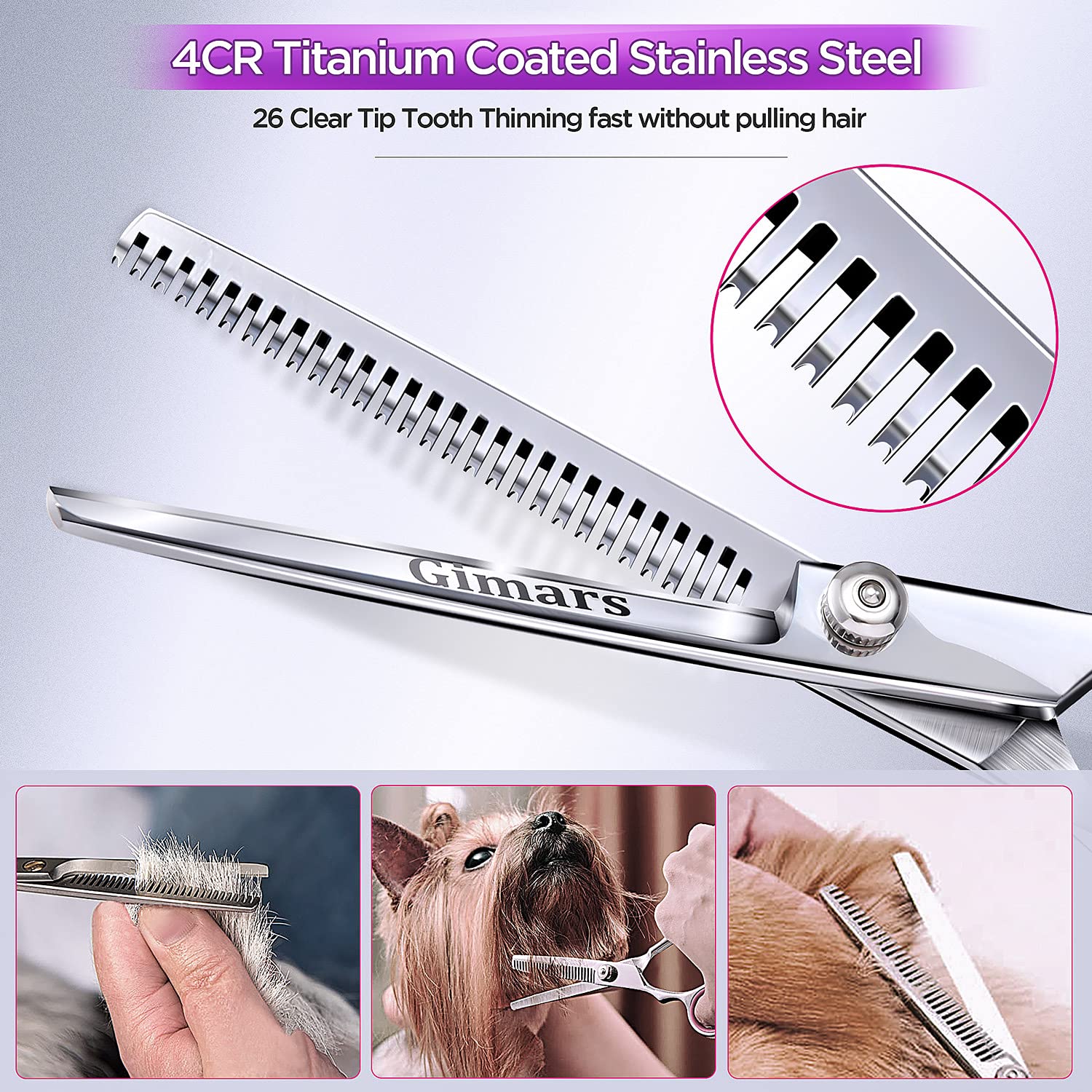 Gimars dog grooming scissors with convex edge for smooth, accurate cuts.