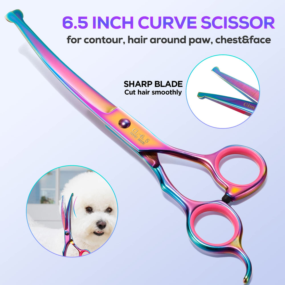 Gimars ergonomic handles on dog grooming scissors promise comfortable use during long grooming.