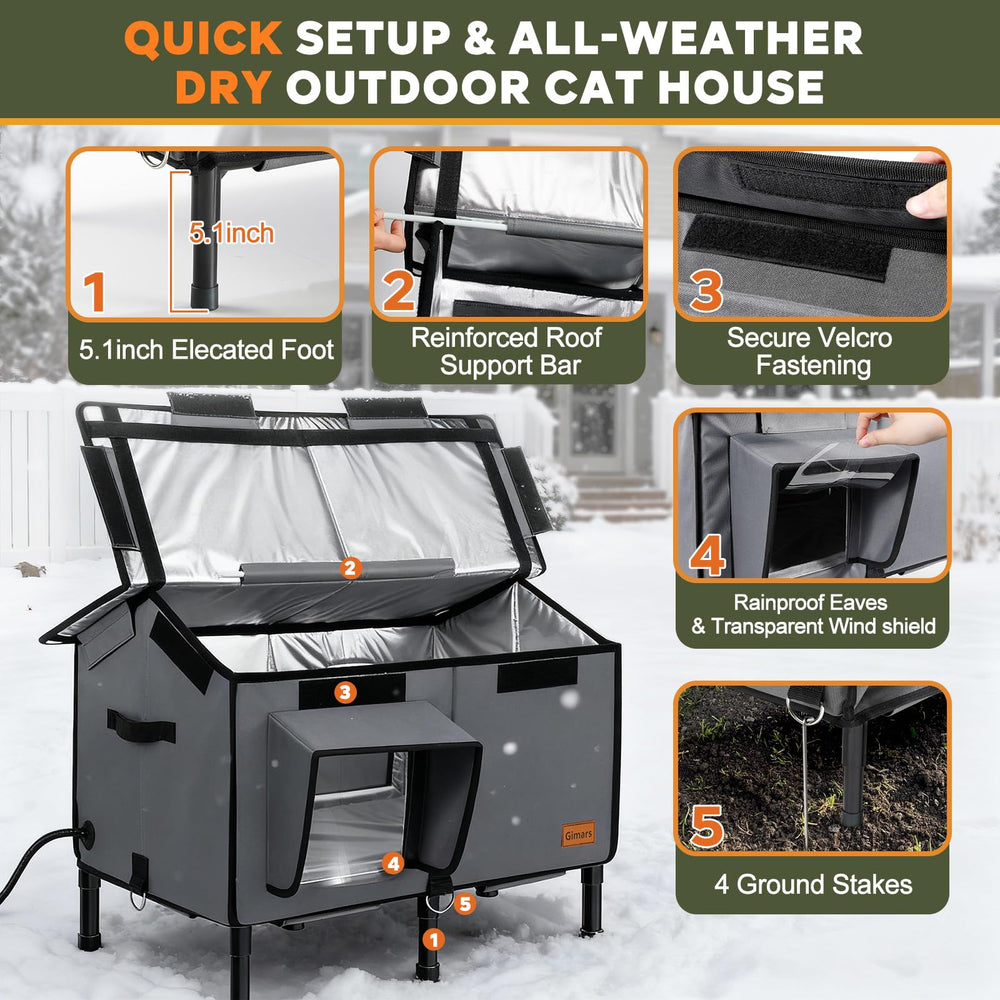 Gimars upgraded pitched-roof cat house quick-setup image emphasizes five-minute assembly.
