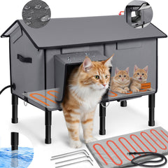 Gimars upgraded pitched-roof cat house exterior front view showcases weatherproof shelter.