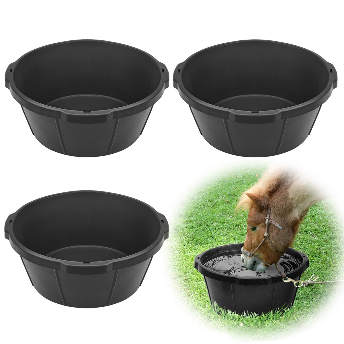 GINDOOR 3pcs heavy-duty rubber feed pan set for livestock and pets, durable and spill-resistant.