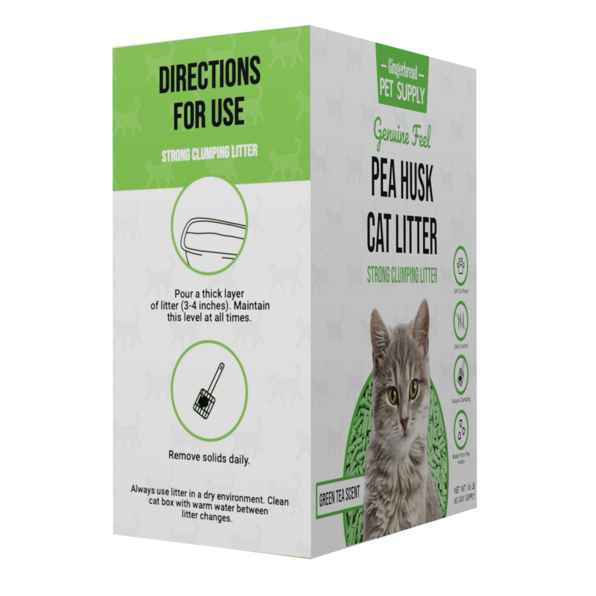 Gingerbread Pet Supply pea husk litter vacuum-sealed bags keep litter fresh until first use.