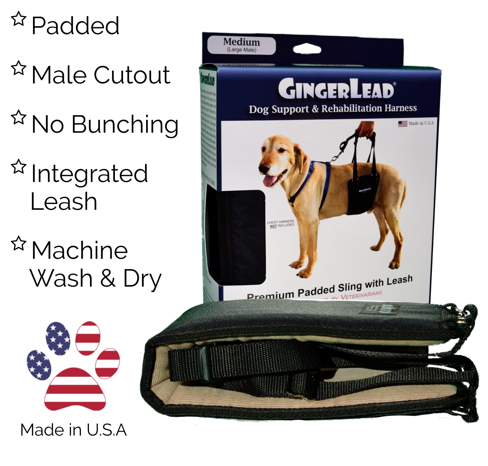 GingerLead rear sling harness in-use shows integrated leash for hands-free control.
