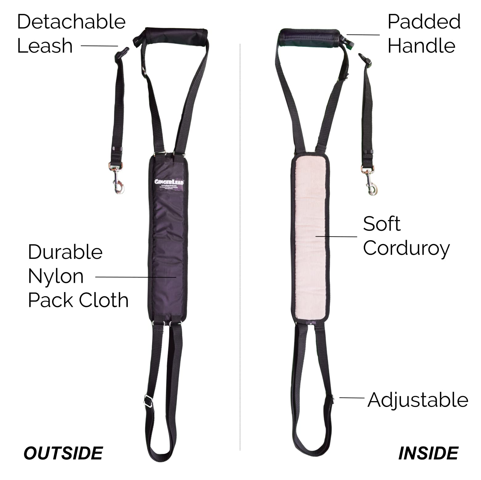 GingerLead sling-harness leash-attachment demonstrates integrated leash for control