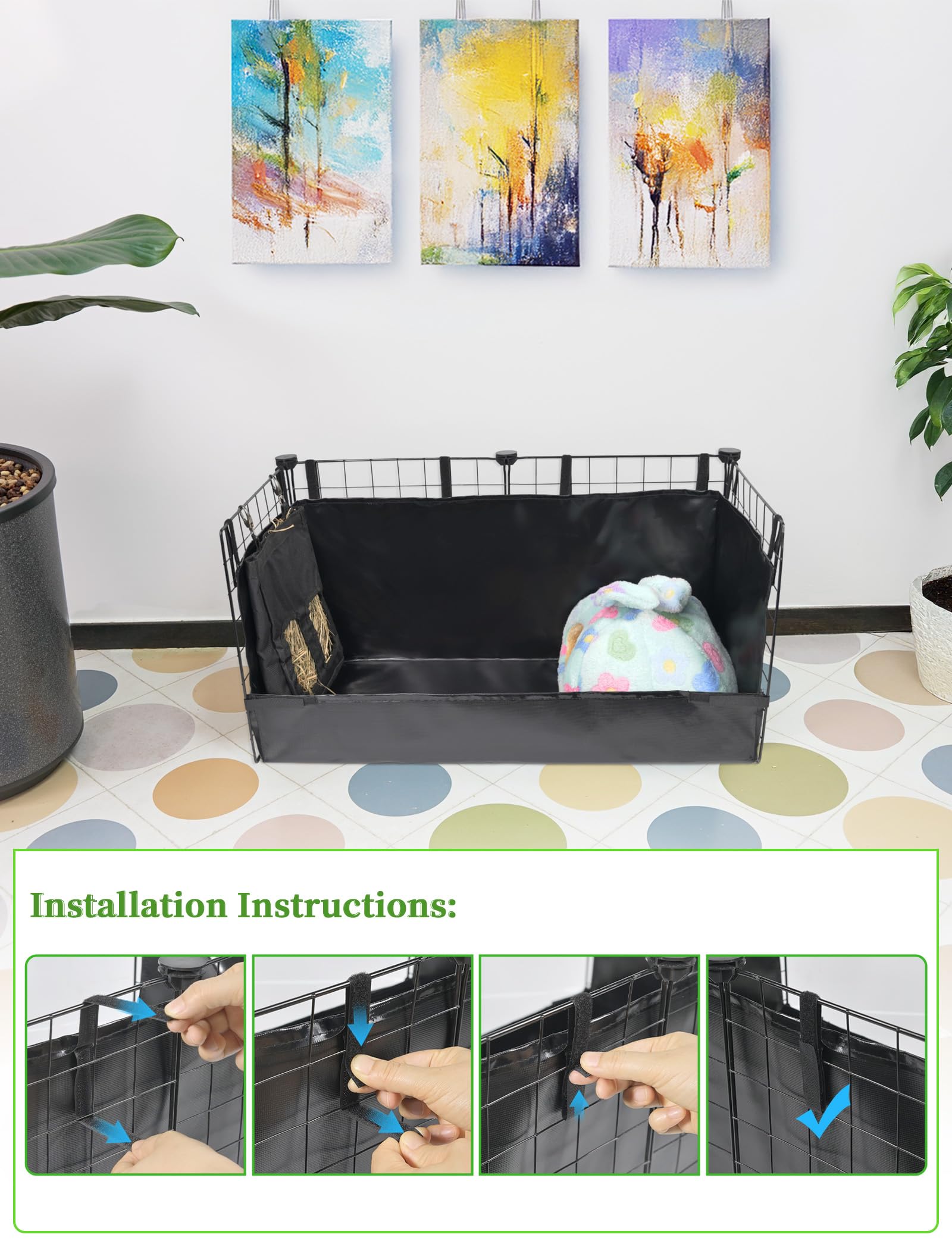 GINIDEAR Guinea Pig Cage Liner easy cleaning steps shown.